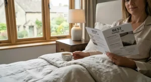 A woman sitting in a bed with linen sheets, drinking a cup of tea while reading a product features booklet titled BEST TOPPER - UK.