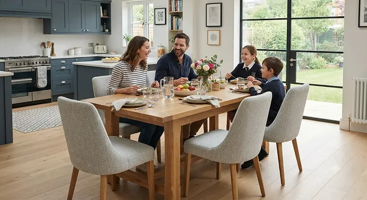 Modern wooden 6 seater dining table and chairs set styled in a contemporary British dining room. 6 seater dining table and chairs