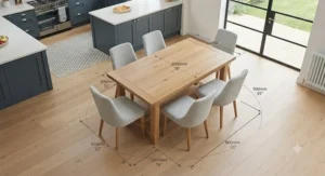 Room layout diagram showing clearance measurements for positioning a 6 seater dining table and chairs.