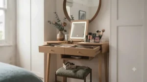 Compact bedroom vanity unit paired with a tuck-away stool for space efficiency.