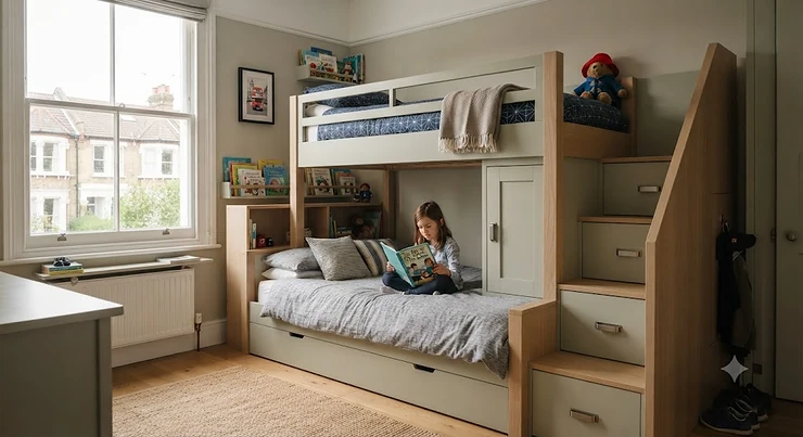 Stylish wooden bunk bed with integrated storage and drawers, featured in our expert review of UK bedroom furniture. bunk bed with storage reviews