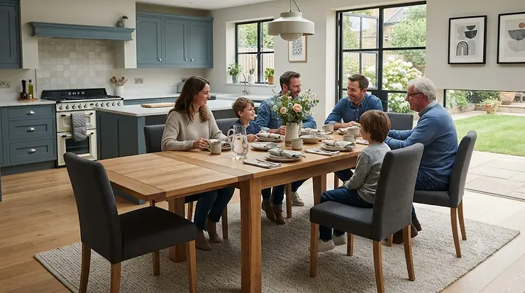 A modern, high-quality extending dining table set up for a family meal in a contemporary British home. best extending dining table