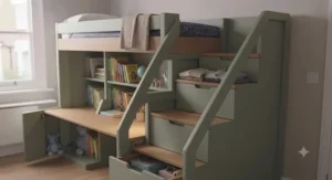 Safety-focused bunk bed design with integrated storage steps and high guard rails.