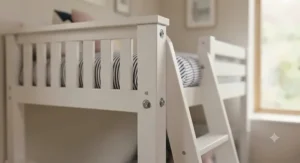 Close-up of secure safety rails and a sturdy ladder attached to a wooden bunk bed frame.