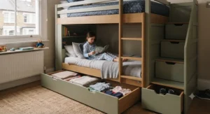 Close-up of a child’s bunk bed featuring deep under-bed drawers for bedroom storage solutions.