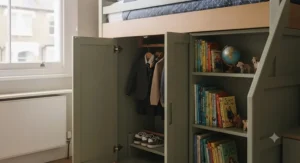 Modern bunk bed design incorporating a compact built-in wardrobe and shelving for small UK bedrooms.