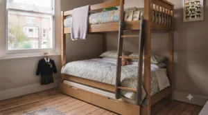 A functional bunk bed frame with an integrated study desk for homework and schoolwork.