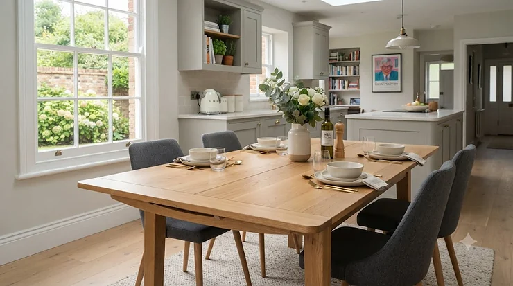 Solid oak butterfly leaf dining table extended in a modern British dining room, perfect for space-saving entertaining. butterfly leaf dining table