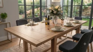 Extendable butterfly leaf dining table paired with modern upholstered dining chairs in a bright, airy kitchen diner.