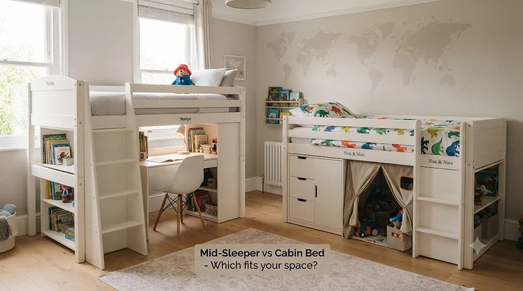 A comparison guide showing the differences between a cabin bed and a mid sleeper to help you choose the best space-saving bed for your child's bedroom. cabin bed vs mid sleeper