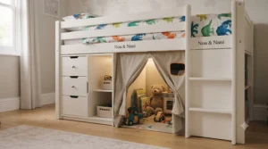 A cabin bed featuring integrated chest of drawers and shelving, perfect for maximising small room storage.