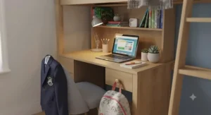 A sleek, grey cabin bed with desk and LED lighting suitable for a teenager's study space.