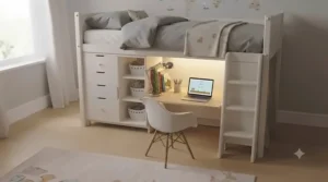 A functional cabin bed design featuring a pull-out desk and study area underneath.