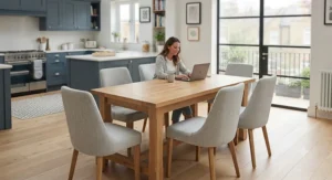 Space-saving 6 seater dining table and chairs set arranged in a modern flat kitchen-diner.