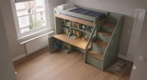 A floor-plan illustration showing how a bunk bed with storage maximises space in a small room.
