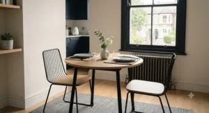 A compact two-seater dining table tucked neatly into a cosy London apartment kitchen.