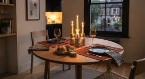A cosy dining table for 2 dressed with a table runner, candles, and place settings for a romantic meal.