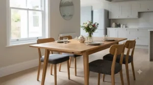 Modern wooden dining table and 4 chairs set styled in a contemporary British kitchen-diner. dining table and 4 chairs set