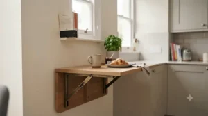 Wall-mounted drop-leaf table used as a fold-down breakfast bar in a narrow galley kitchen.