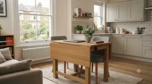 Drop-leaf table configured as a compact home office desk with a laptop in a small London apartment.