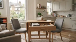 Small drop-leaf dining table featuring built-in drawers and shelves for cutlery and placemats.