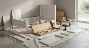 Flat-pack bunk bed components and assembly instructions laid out on the floor before construction.
