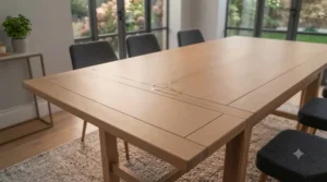 Protective lacquered finish on a butterfly leaf dining table surface resisting everyday wear and tear.