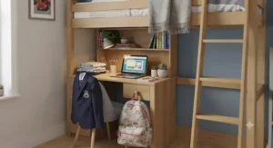 Close-up of the ergonomic desk area tucked underneath a sturdy wooden cabin bed.