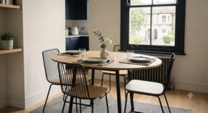 An extendable dining table for two shown closed for everyday meals and extended for guests.