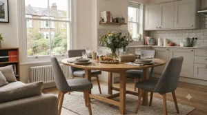Drop-leaf table fully extended with four chairs surrounding it, ready for dinner guests.