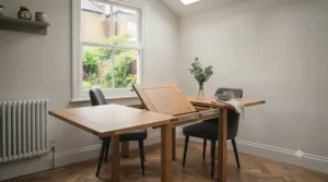 Extendable small square dining table shown partly unfolded to accommodate extra guests for Sunday roast.