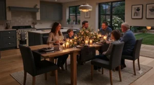 A stylish extending dining table fully opened, set for a formal dinner party with six chairs.