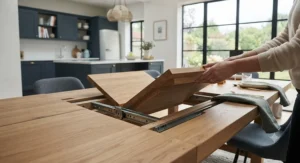 An extending large dining table for 8 shown with its butterfly leaf mechanism open for family gatherings.