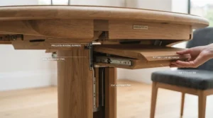 Explanatory graphic showing the butterfly leaf mechanism on an extending oval dining table.