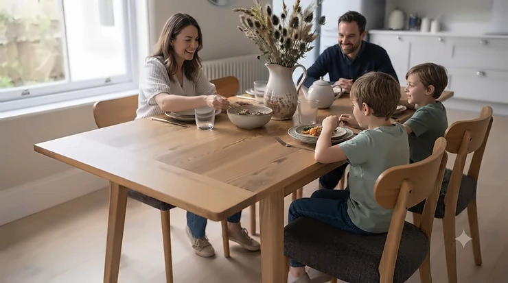 Family gathered around a stylish dining table and 4 chairs set enjoying dinner together. dining table and 4 chairs set