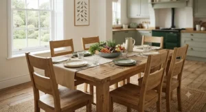 A durable, wipe-clean rectangular dining table and chairs suitable for a busy family kitchen.