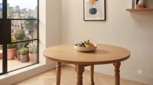 Durable round dining table and chairs suitable for a family home dining room.