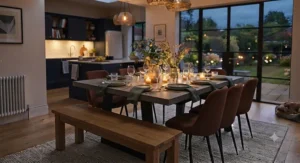A beautifully dressed large dining table for 8 prepared for a dinner party with tableware and candles.