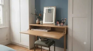 Fold-down dressing table solution for tight bedroom spaces and multipurpose living.