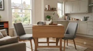 Drop-leaf table completely folded down against a hallway wall acting as a slim console table.