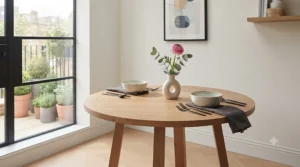Sleek tempered glass round dining table and chairs in a minimalist home.