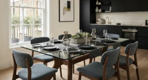 Sleek glass-top rectangular dining table and chairs with upholstered grey fabric seating.
