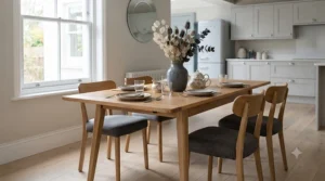 Contemporary grey dining table and 4 chairs set with upholstered seats in a modern dining room.