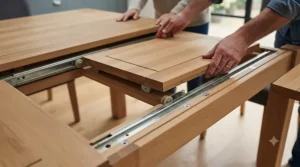 A close-up demonstrating the smooth butterfly-leaf extension mechanism of a wooden dining table.
