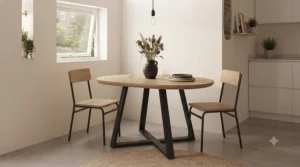 An industrial-style oval dining table with a wooden top and striking black metal legs in a bright kitchen.