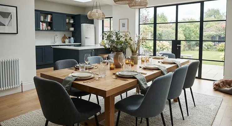 A stylish solid oak large dining table for 8 set up with matching chairs in a modern British dining room. large dining table for 8
