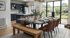 A rustic large dining table for 8 styled with a matching wooden bench and upholstered chairs.