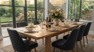 Fully extended butterfly leaf dining table styled with tableware, seating six to eight guests for a family Sunday roast.