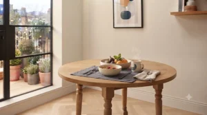 Luxurious marble round dining table and velvet chairs for formal dining.