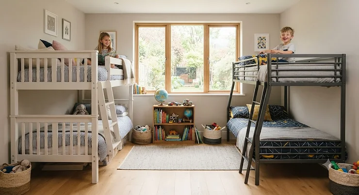 A side-by-side comparison of a modern metal bunk bed and a classic wooden bunk bed in a shared bedroom. metal vs wooden bunk beds